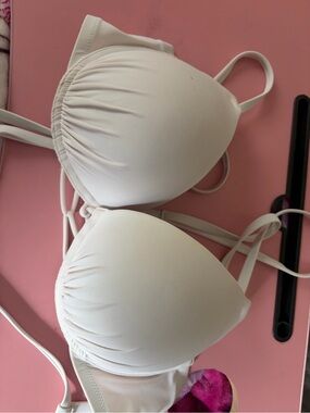 Shade & Shore White Ruched Padded Triangle Bikini Top push up adjustable